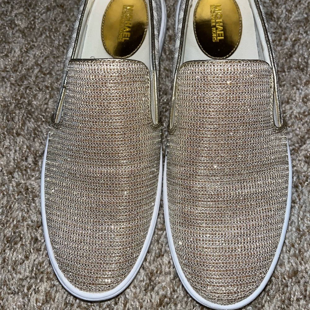 Michael Kors NEW size 8, sparkly, GOLD/white slip ons.